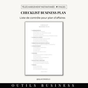 Könnte beinhalten: Eine schwarz-weiße Checkliste für einen Businessplan. Die Checkliste trägt den Titel "Checklist Business Plan" und "Liste de contrôle pour plan d'affaires". Die Checkliste stammt von @QLACONSEILS.