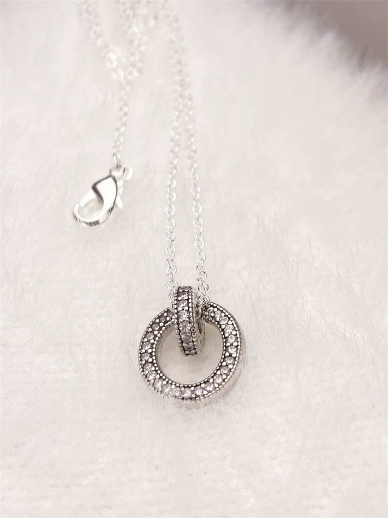 18in Pandora 925 Silver Pave Double Circle Pendant Necklace 399487c01