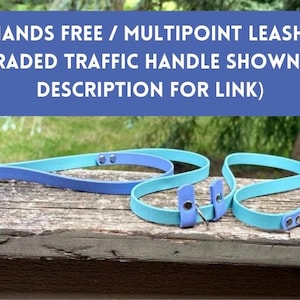 Könnte beinhalten: Eine hellblaue und türkisfarbene Mehrpunkt-Leine mit Metallbeschlägen, Nieten und einem Kurzführer. Der Text auf dem Bild lautet: HANDS FREE / MULTIPOINT LEASH (UPGRADED TRAFFIC HANDLE SHOWN - SEE DESCRIPTION FOR LINK).