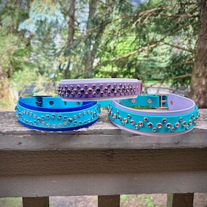 Könnte beinhalten: Drei Tierhalsbänder mit glatten Bändern in Lavendel, Hellblau und Türkis. Jedes Halsband ist mit einem verstreuten Muster aus runden, metallisch glänzenden Nieten oder Kristallen auf der Außenseite verziert und hat einen Metallschnallenverschluss.
