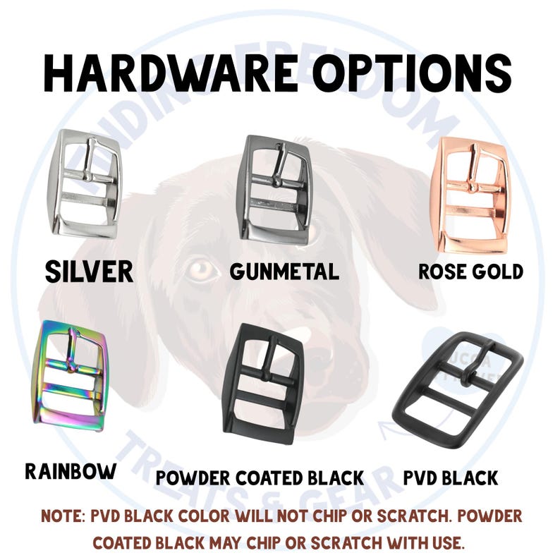 K&ouml;nnte beinhalten: Sechs Metallschnallen in zwei Reihen, beschriftet mit HARDWARE OPTIONS. Die Farben sind Silber, Gunmetal, Ros&eacute;gold, Regenbogen, pulverbeschichtetes Schwarz und PVD-Schwarz. Ein Hinweis besagt, dass PVD-Schwarz nicht abbl&auml;ttert oder zerkratzt.