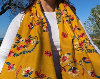 Yellow Cashmere Shawl with Embroidered Floral Design