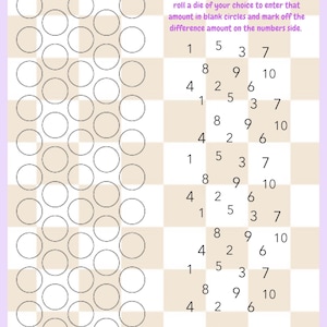 May include: A financial savings tracker sheet with a light purple and beige checkerboard background. The text reads ULTIMATE BUFFER, daily/weekly amount, and instructions to roll a die. It features columns of blank circles and rows of numbers.