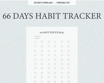 Könnte beinhalten: Druckbarer 66-Tage-Habit-Tracker. Der Tracker hat ein Raster mit 66 Quadraten mit den Zahlen 1 bis 66. Der Text "66 Day Challenge" befindet sich oben auf der Seite.