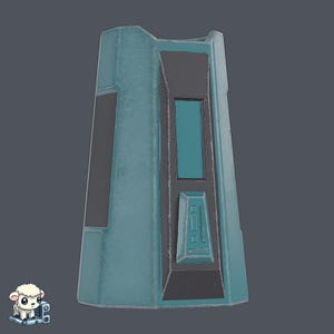 May include: A teal blue and grey metal box with a rectangular window and a small rectangular button. The box has a textured surface.