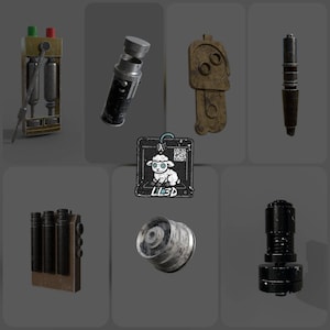 May include: A collection of various metallic and industrial-style objects. Includes a device with red and green tops, a cylindrical object with a removable cap, a pendant, a pen, a rectangular device with three cylinders, a lens, and a threaded object.