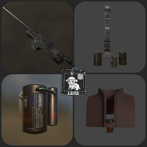 Puede incluir: Un collage de objetos renderizados en 3D, que incluye un dispositivo oscuro y texturizado con forma de pistola, una estructura alta y segmentada con componentes cilíndricos, un contenedor metálico con tubos y una prenda marrón con un cierre. La imagen también presenta una etiqueta con un logotipo de oveja y el texto "LL3D".