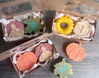 Autumn Handmade Soap Set, Fall Handcrafted Soap, Thanksgiving and Friendsgiving Gift, Pumpkin, Turkey, Leaf, Honeycomb, Sunflower