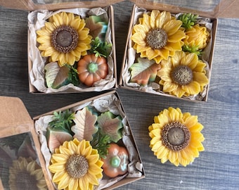 Handmade Sunflower & Pumpkin Soap Gift Box, Autumn Harvest Fall Soap, Thanksgiving Gift, Pumpkin Soap Set, Rustic Fall Favors, Handcrafted