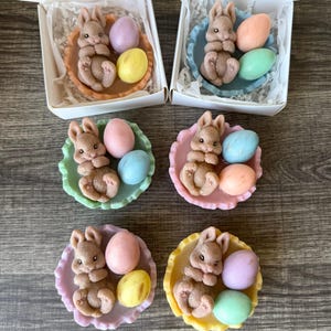 May include: A selection of Easter-themed soaps. Each soap features a brown bunny and several coloured eggs, presented in a decorative dish. The soaps are in pastel shades of pink, blue, yellow, and green. They are packaged in white boxes.