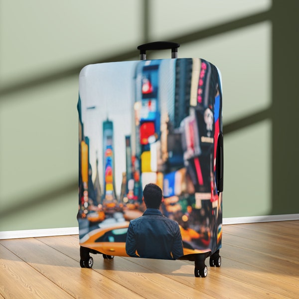 New York Inspired Luggage Cover, Printed Times Square, Suitcase Protector, Must-Have, Trip Vacation Gifts, Unique Colorful Travel Gifts