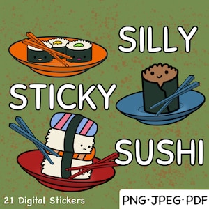 Adesivos fofos para planejadores digitais | Doodles digitais de Shushi pegajosos e bobos | Desenhos animados fofos de sushi JPEG PNG e PDF | PNG pré-cortado | Adesivos digitais
