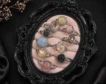 Natural Crystal Ring | Silver plated Open Back Ring | Natural Gemstone | Morganite, Tourmaline, Phantom, Quartz, Biotite