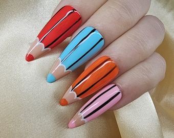Back to school press on nails kit, Colorfull almod nails press on, Crayon handmade nails, Gift for Teachers, Cute fake nails