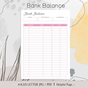 Dynamic Bank Balance Tracker, Stay on Top of Your Finances, Bank Balance Sheet Printable, Bank Account Transactions Tracker, Finance Log