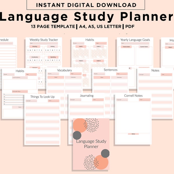 Elevate Your Language Learning Journey, Language learning planner, Notebook study journal, language study notebook, Study Planner Bundle