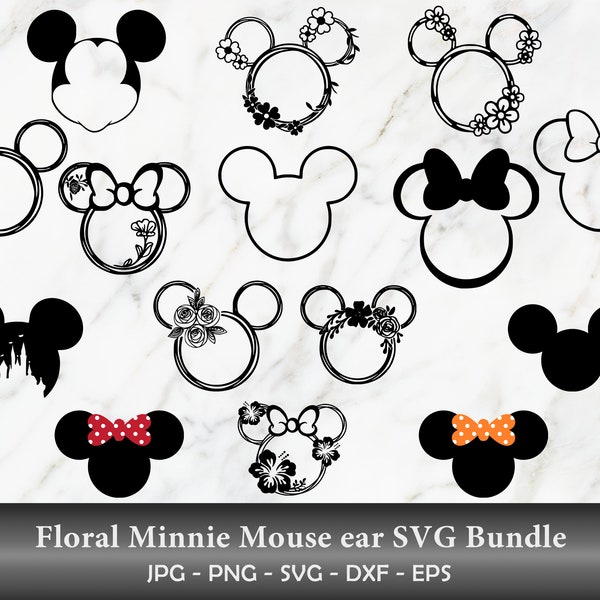 Floral Minnie Mouse ears svg png dxf bundle Flower wreath svg Disneyland svg Mickey Ears shirt cut file Mickeyy Mouse Svg Minniee Mouse ears
