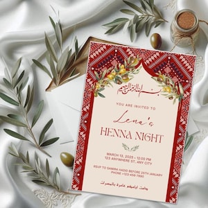 Palestijnse henna-huwelijksuitnodiging-kastanjebruine Tatreez-olijftakken-traditionele uitnodiging-bewerkbare digitale download