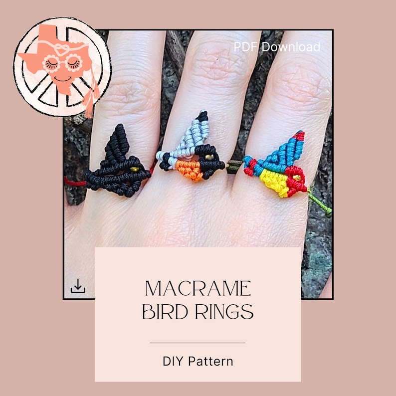 Pode incluir: Tr&ecirc;s an&eacute;is de p&aacute;ssaro de macram&eacute; em diferentes cores. Os an&eacute;is s&atilde;o pretos, cinzentos e azuis com detalhes vermelhos, amarelos e laranja. Os an&eacute;is est&atilde;o no dedo de uma pessoa. A imagem inclui o texto "Macrame Bird Rings" e "DIY Pattern".