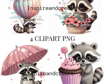 4 söta tvättbjörnar clipart PNG, akvarell skogsdjur, djurungar, clipart tvättbjörn PNG tvättbjörnskonst, högkvalitativ PNG, kommersiellt bruk