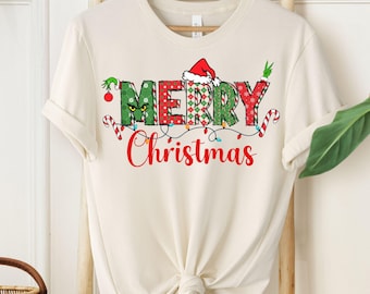 Merry Christmas Plaid Shirt, Retro Holiday Graphic Tee, Christmas Lights T-Shirt, Festive Gift for Her