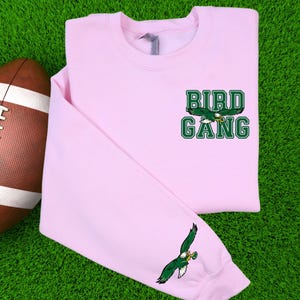 May include: A pale pink sweatshirt featuring the text "BIRD GANG" in green block letters and a green and white eagle graphic. An American football is on the left. The sleeve has a matching eagle graphic.