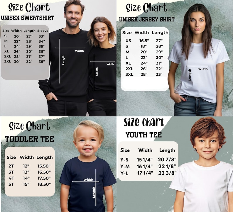 Puede incluir: La imagen muestra tablas de tallas para sudaderas unisex, camisetas unisex, camisetas para ni&ntilde;os peque&ntilde;os y camisetas para j&oacute;venes. Las medidas est&aacute;n en pulgadas. Las tablas incluyen ancho y largo. Los modelos llevan la ropa.