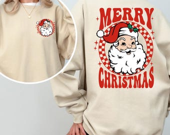 Retro Santa Christmas Sweatshirt and Shirt, Front and Back Merry Christmas Crewneck, Vintage Santa Holiday Gift for Her