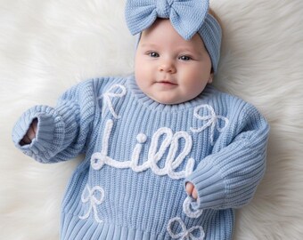 Embroidered Bow Baby Sweater: Custom Name Newborn Gift
