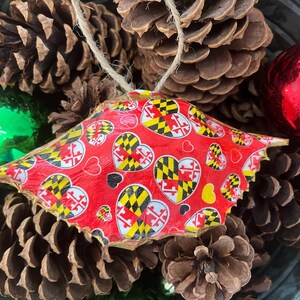 Maryland themed crab shell Christmas ornament, decoupaged crab shell with Maryland flag theme. Perfect gift for Maryland lover in your life