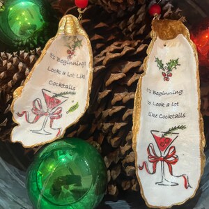 Oyster shell holiday ornament, fun holiday cocktail gift, cocktail hostess gift, Christmas cocktail ornament, holiday party gift,