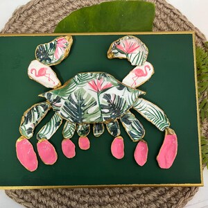 Beautiful crab picture using decoupaged shells, gilded on the edges and mounted on a 9x12&quot; canvas, unique coastal decor