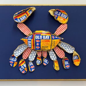 Old Bay themed crab picture using decoupaged shells, gilded on the edges, mounted on a 9x12&quot; canvas.  Maryland, crab, Old Bay lover gift