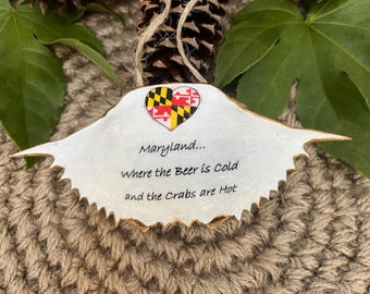 Maryland crab shell ornament, Maryland hot crabs cold beer, perfect gift for Maryland crab lover in your life, decoupaged crab shell