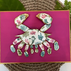 Beautiful crab picture using decoupaged shells gilded on the edges and mounted on a 9x12&quot; canvas, unique and elegant coastal decor