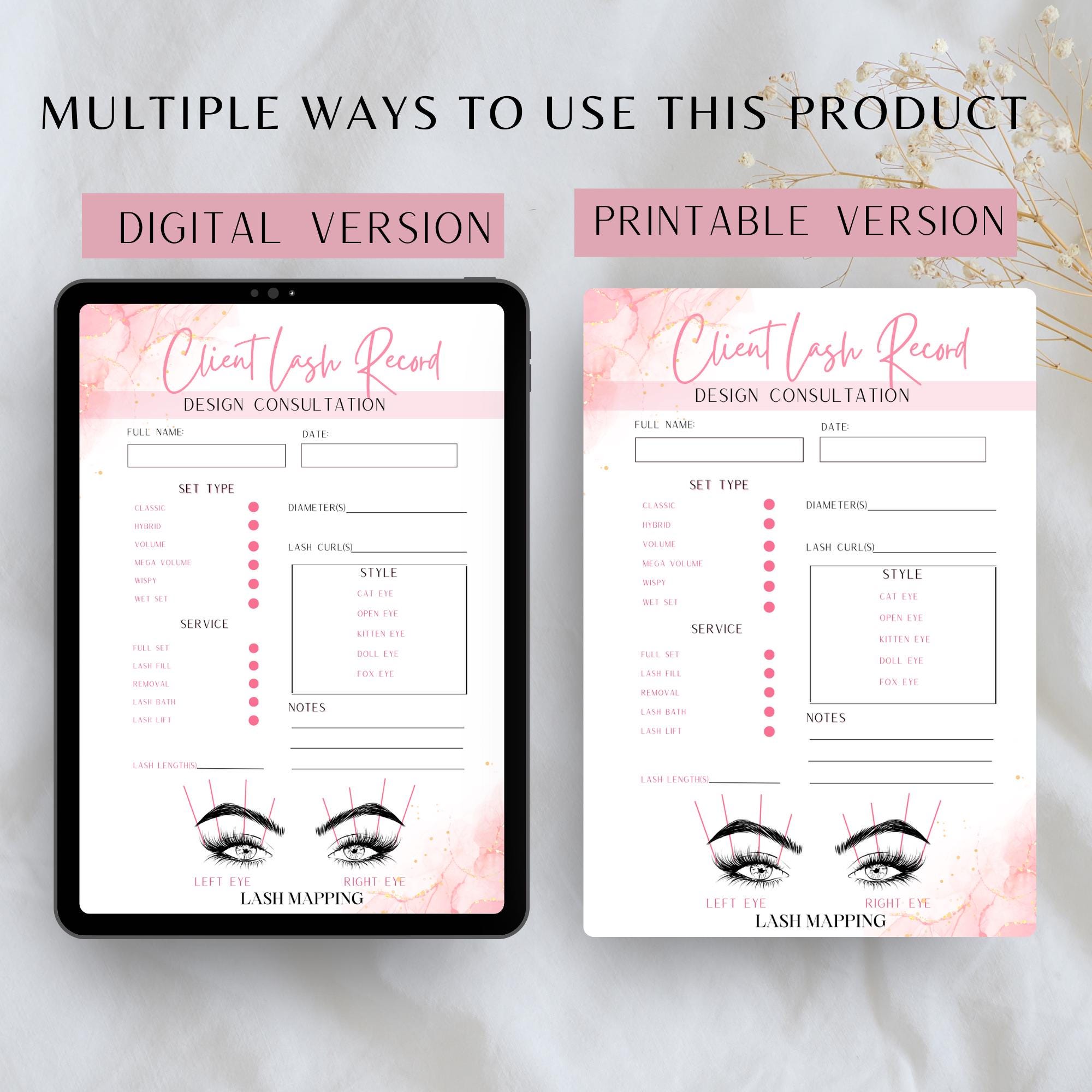Lash Client Record Template, Editable Lash Mapping Printable Form ...