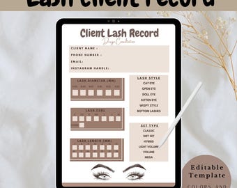 Sjabloon wimperbestand, bewerkbaar afdrukbaar formulier wimpertoewijzing, wimperextensions klantrecord, beige en wit wimperformulier, wimperclient