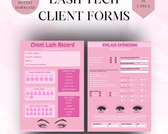 Lash Klient datensatz Vorlage, bearbeitbares Lash Mdding druckbares Formular, Wimpernverlängerung Kundendaten, rosa und weißes Wimpernserum, Lash Klient