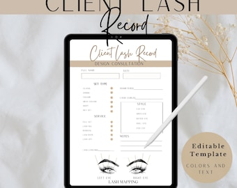 Sjabloon wimperbestand, bewerkbare wimpertoewijzing, afdrukbaar formulier, toestemmingsformulier klant, wimperextensies klantbestand, wimperbestand