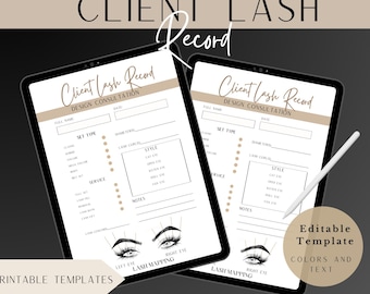 Sjabloon wimperbestand, bewerkbare wimpertoewijzing, afdrukbaar formulier, toestemmingsformulier klant, wimperextensies klantbestand, wimperbestand