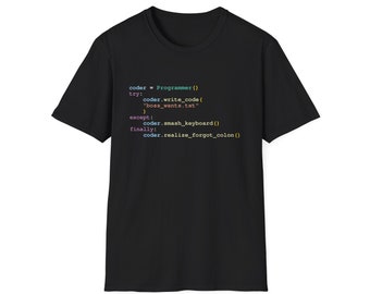 Camisa engraçada de programação Python, escrevendo código Try / Except / Finalmente presente para codificadores