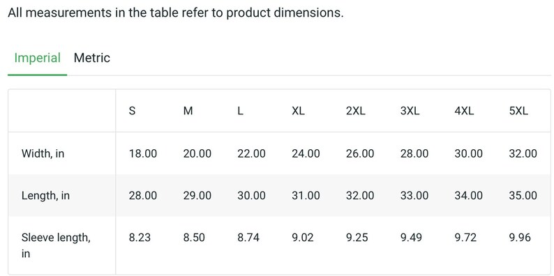 Pode incluir: Uma tabela mostrando as medidas do guia de tamanhos em polegadas para uma pe&ccedil;a de roupa. A tabela inclui os tamanhos S a 5XL e as medidas de largura, comprimento e comprimento da manga.