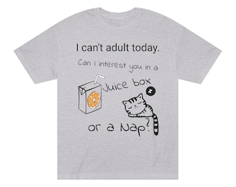 Camiseta engraçada "Não posso ser adulto hoje. Posso te oferecer um suco de caixinha ou uma soneca?" Camiseta engraçada de gatinho dormindo