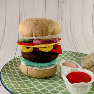 Felt Hamburger and Fries Set: Handmade Pretend Play Food with toppings and dipping sauce