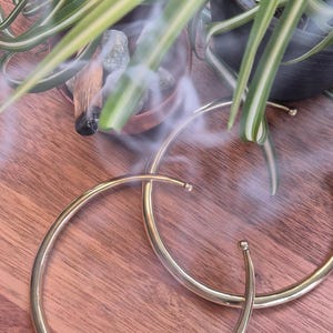 Puede incluir: Dos pendientes de aro dorados con una pequeña bola en el extremo, apoyados sobre una superficie de madera. Los pendientes son el punto focal, con un fondo borroso de una planta y un pequeño cuenco con piedras y un palo.