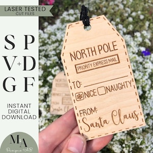 Weihnachtsmann personalisierte Geschenkanhänger Lieferung vom Nordpol Laser bereit SVG Schneidedatei Anfänger Weihnachtsdekor XMAS Glowforge Urlaub Magic Kids