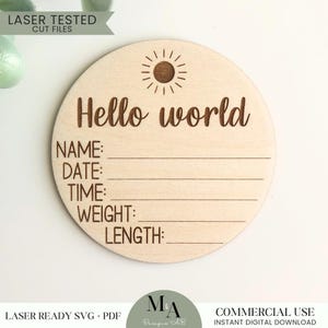 Hello World 誕生統計 新生児ディスク レーザー対応 SVG カッティング ファイル 初心者向けパターン 赤ちゃんの名前のお知らせサイン 保育室の装飾 シャワー ギフトのアイデア