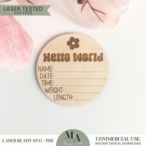 Hallo Welt Neugeborenen Disc Laser bereit SVG Schneiddatei Anfänger Muster Baby Name Ankündigung Schild Kinderzimmer Dekor Dusche Geschenkidee