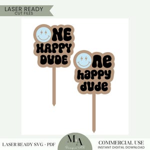 One Happy Dude taarttopper laserklaar bestand eerste verjaardag jongen decor One Cool Dude thema retro verjaardagsfeestje geruite smiley gelukkig