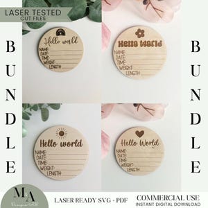 Hallo Welt Geburt Stat Disc SVG Laser bereit Datei schneiden Anfänger Muster Neugeborene Baby Name Ankündigung Zeichen Baby-Dusche-Geschenk-Ideen neue Mutter
